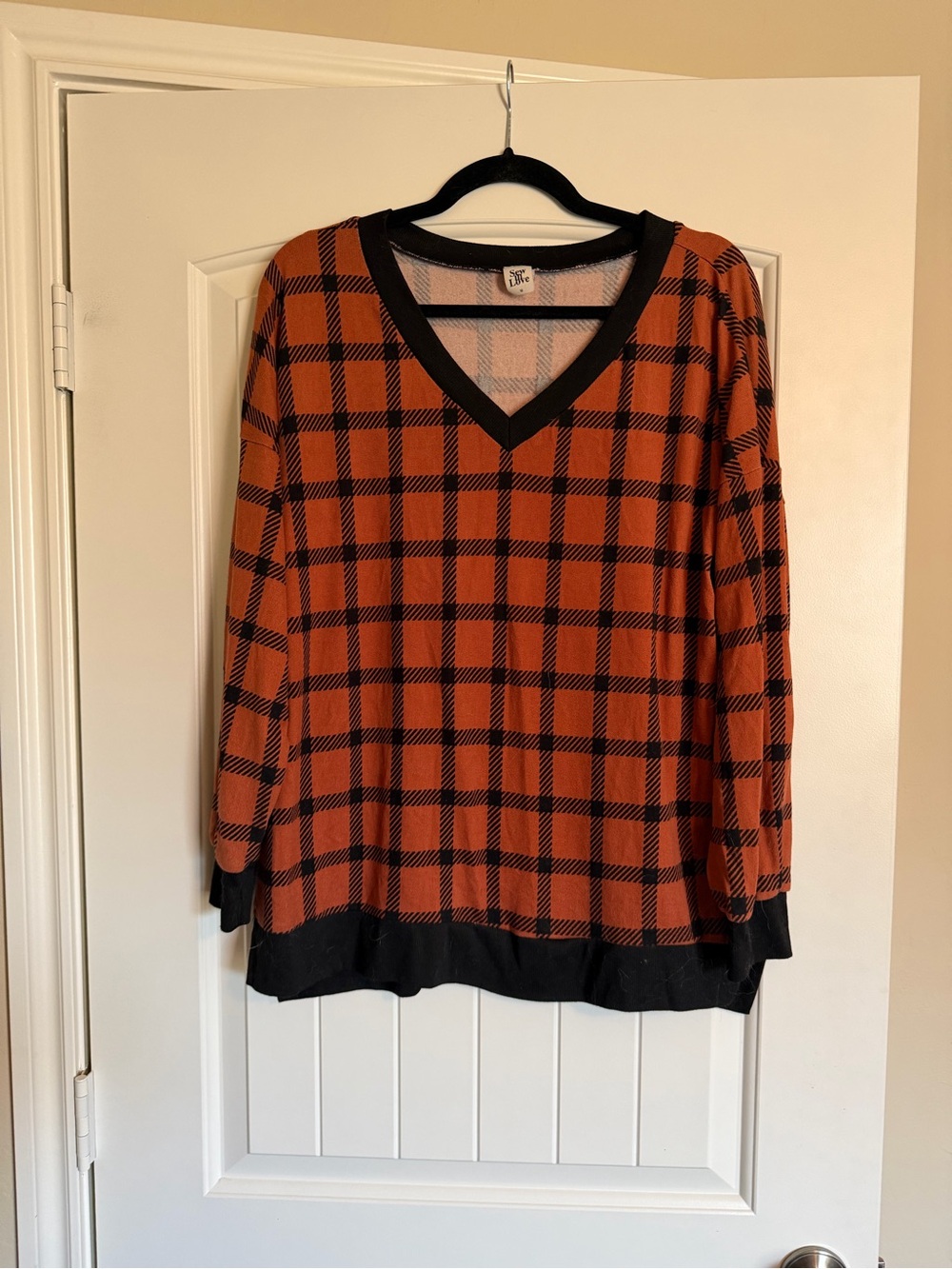 Sew In Love Rust Orange Black Plaid V-Neck Tunic Top Size Medium